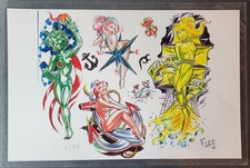 Vintage 1998 Frank Lee Traditional Style Tattoo Flash Sheet Shop Used Girls Jax
