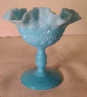 Vintage Fenton Baby Blue Glass Diamond Cut Pedestal Compote Ruffled Edge