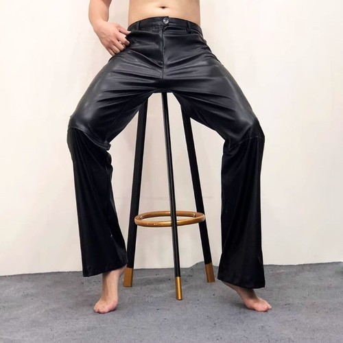 Men Classic Faux Leather Straight Leg Pants Punk Trousers Night Club Fashion New - Picture 17 of 24