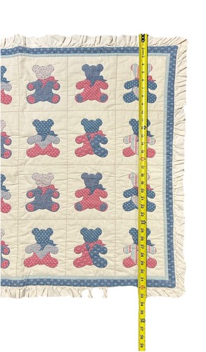 Vintage 80’s Patchwork Bears Ruffled Quilt Baby Blanket Blue/Pink/White - Picture 7 of 9