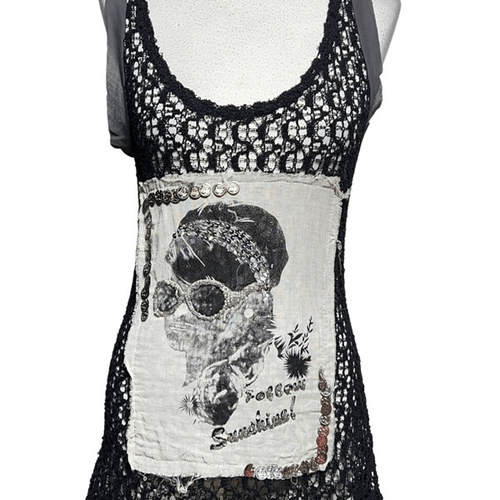 Black Lacy and Linen Embellished Graphic Gypsy Tank Size Small - 第 1/4 張圖片