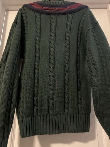 VTG Tommy Hilfiger Fishermans Knit Sweater Men Med Green Multi Heavy VNeck Crest - Picture 13 of 17