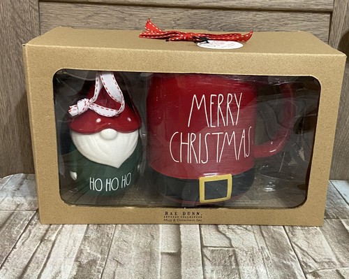 Rae Dunn MERRY CHRISTMAS Coffee Mug AND Gnome Tree Ornament HO HO Set Santa Coat - Picture 2 of 4