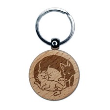 Dog and Cat Chasing in a Circle Engraved Wood Round Keychain Tag Charm