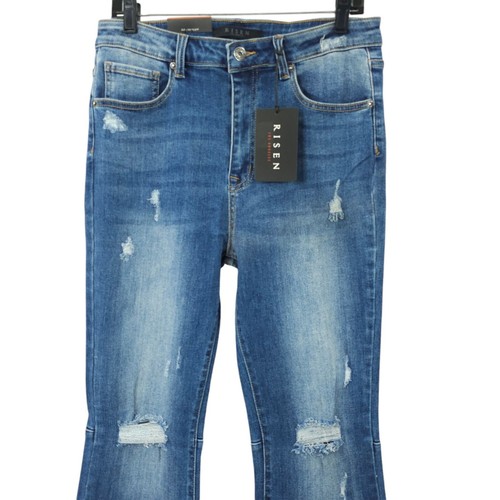 Risen Jeans Distressed Flare High Rise Womens Size 31/13 Med Wash Stretchy NEW - Picture 7 of 15