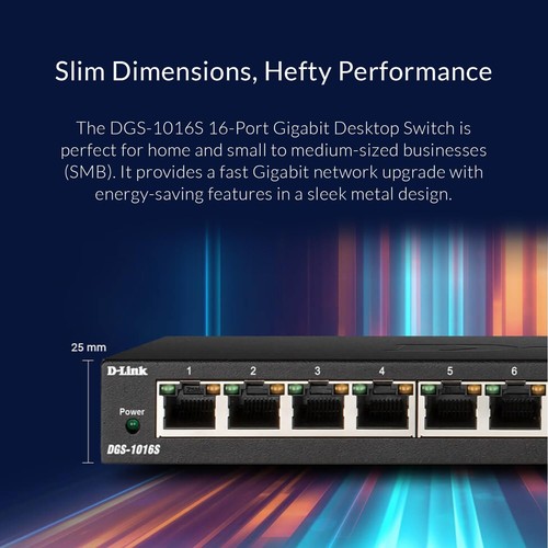 D Link 16 Port Gigabit Switch DGS 1016S Slim Metal Fanless Plug and Play - Picture 3 of 9