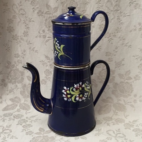 Rarest COBALT BLUE Old FRENCH ENAMELWARE COFFEE POT BIGGIN FLORALS Ribbed Spout - Picture 2 of 9