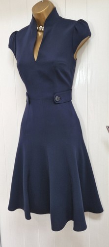 Abito Karen Millen blu navy mandarino collo alto aderente e svasato occasione UK 10 - Foto 5 di 13