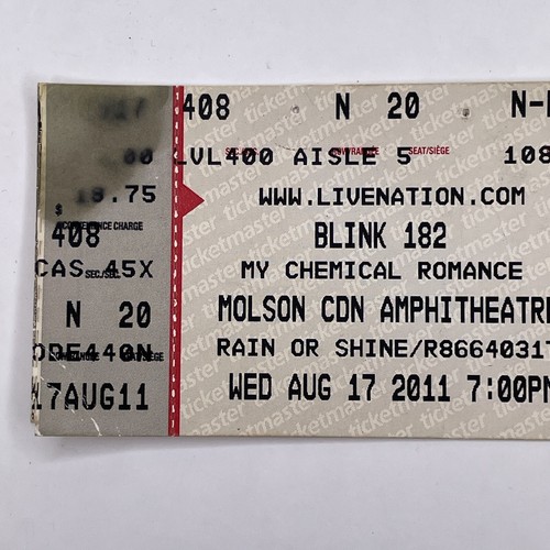 Blink 182 Konzert Ticket Stub 17. August 2011 Molson Amphitheater Toronto Ontario - Bild 2 von 6
