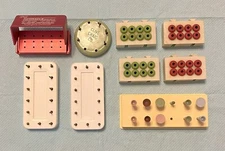 9 Dental Bur Blocks: Magnetic,Alum,Plastic, w/ 33 FG diamond burs/11Latch.Used.