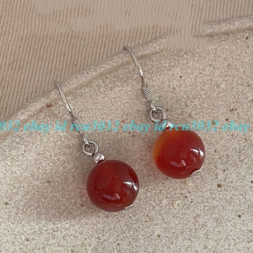 Natural 10mm Red Carnelian Round Gemstone Beads Dangle Hook Earrings - Picture 4 of 9