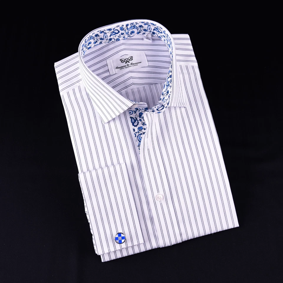 Синий двойной полоски официальный бизнес платье рубашка пейсли цветочный дизайнер моды GQ - Изображение 4 из 4