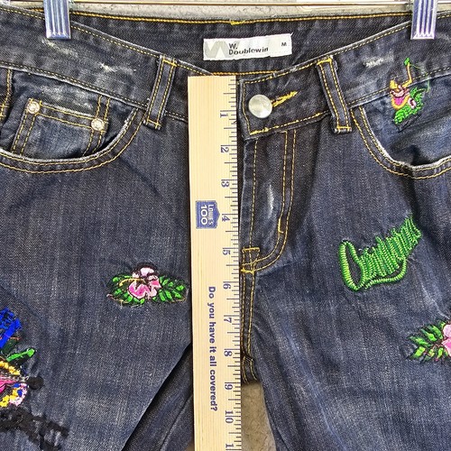 W.Doublewin Y2K Jeans Girls Medium Funky Retro Embroidered Patches Graffiti VTG - Picture 10 of 22