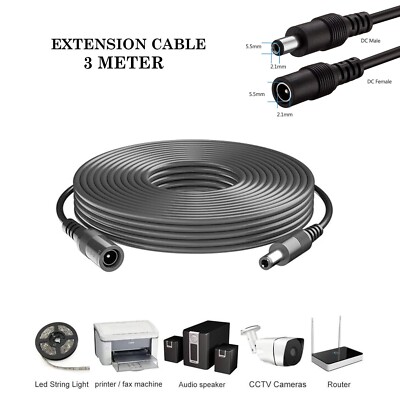 12V DC Strom Verlängerung 3 Meter Kabel für CCTV LED & Adapter 2,1mm*5,5mm Klinke