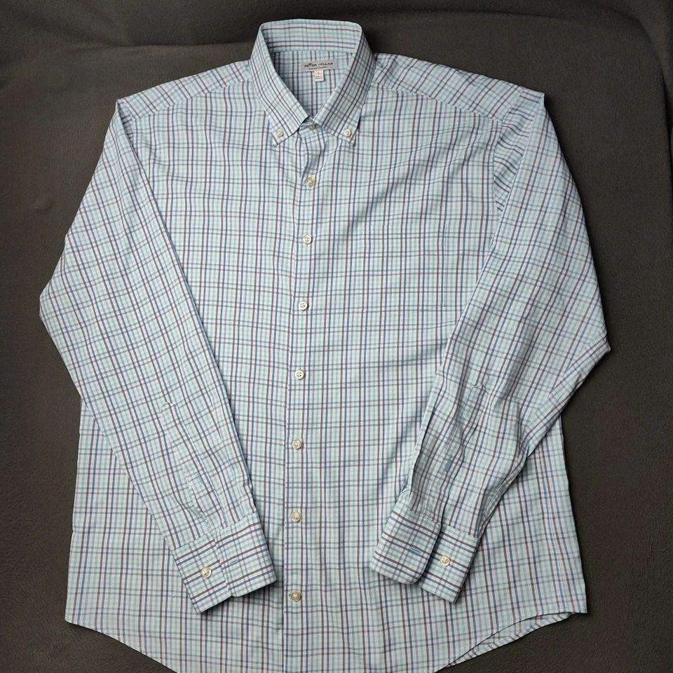 Рубашка мужская Peter Millar большая синяя фиолетовая клетчатая летняя комфортная на пуговицах для гольфа - Изображение 2 из 4