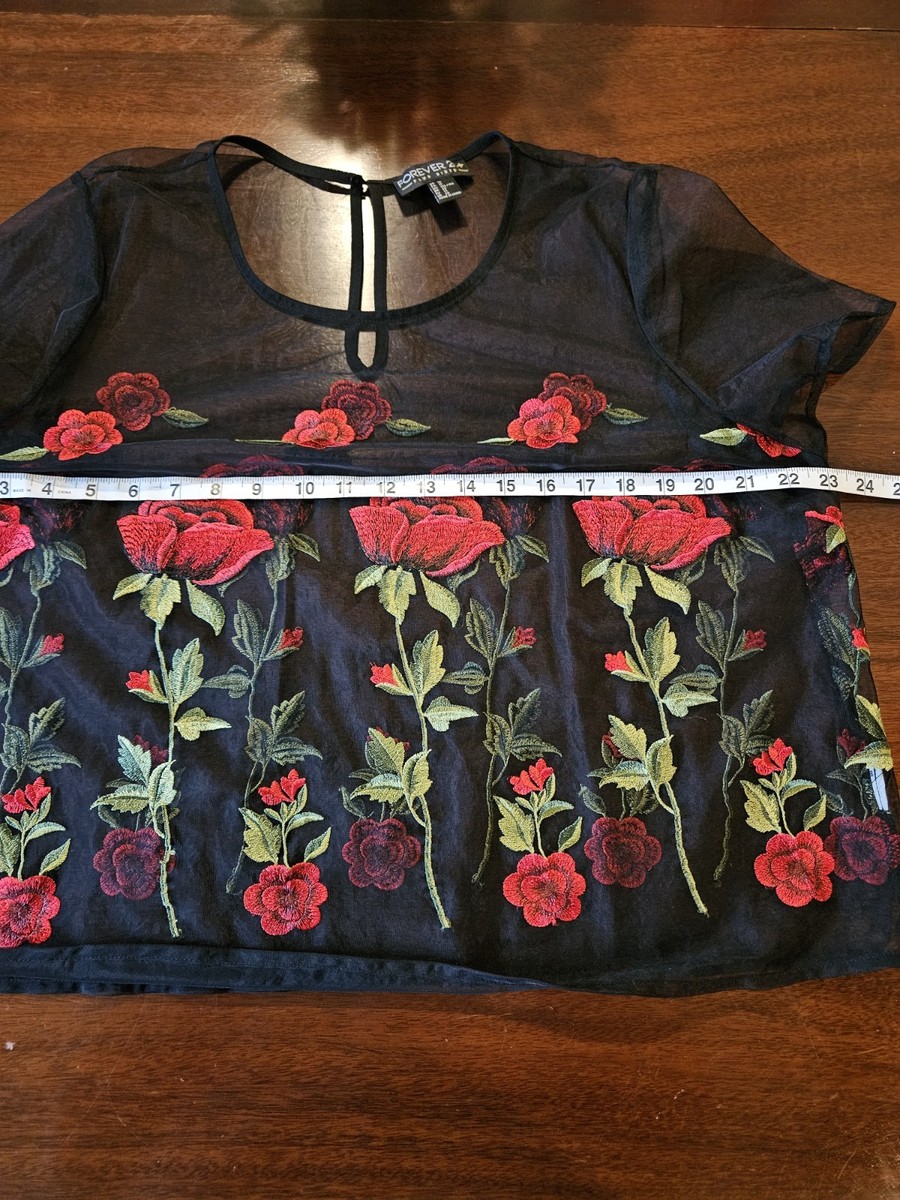 FOREVER 21 Plus 1X Womens Sheer Top Black Floral Mesh
