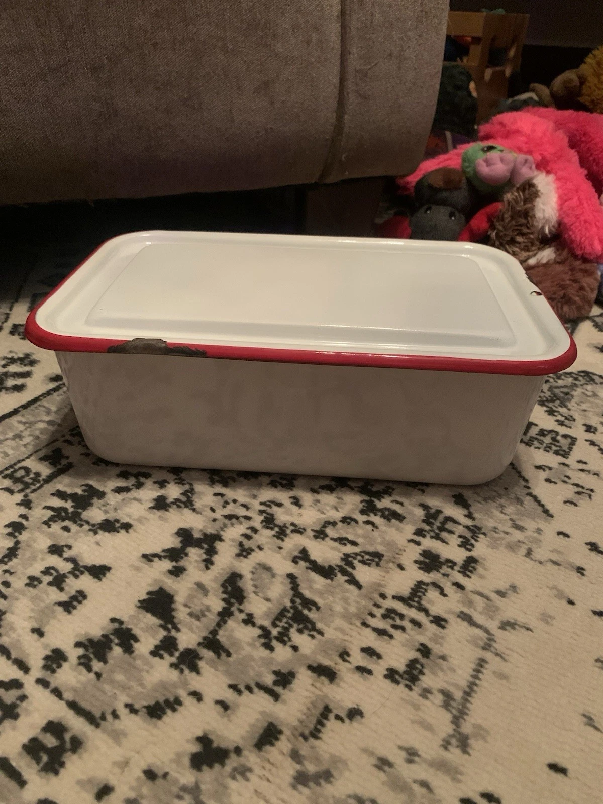 Vintage Red And White 12x8x4 Enamelware Bread Refrigerator Box Lid Farmhouse