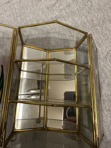 Vintage Glass Brass? Mirror Miniature 7" Cabinet Display Stained Glass Flowers - Picture 19 of 20