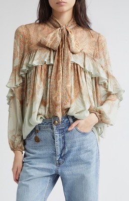 NWT Zimmermann Memento Bow Tie Flutter Long Sleeves Blouse Top in Mint Paisley