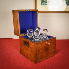 Four Cut Crystal  Decanters in Oak and Brass Baize Lined Case Tantalus