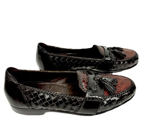 Vintage Bragano Cole Haan Rivaladi Black Brown Crocodile Tassled Loafers Size 12 - Foto 4 di 11