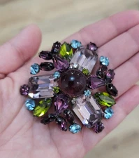 Vintage Schreiner Signed New York Dome Brooch Pendant Purple Green Blue Glass