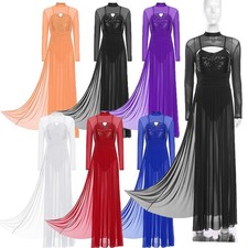Women Dancewear Tulle Skirt Sequin Dress Sheer Costumes Contemporary Dance Prom