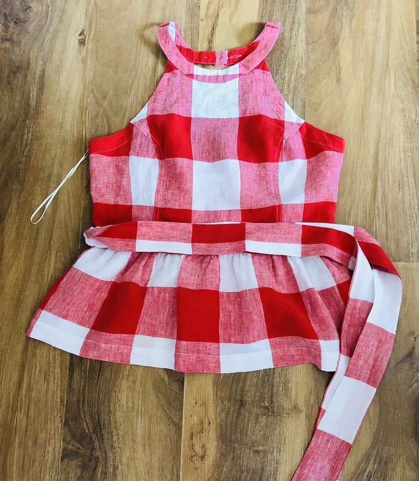 Crown And Ivy Red White 100% Linen Button Back Tie Waist Side Zip Blouse Size 10 - Image 2 of 4