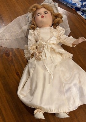 Vintage Horsman Bride Doll 14  Sleepy Eyes Stained Dress In Pics
