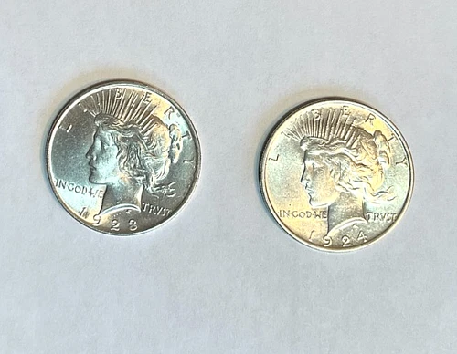 Lot of 2 Great Peace Dollars, 1923-P & 1924-P, AU with High Luster, 90% Silver