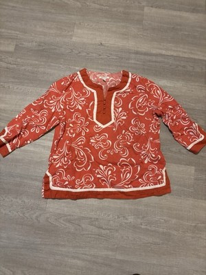 JM Collections Blouse 100% Linen Corel Orange White Womens 18 3/4 Sleeve Grandma