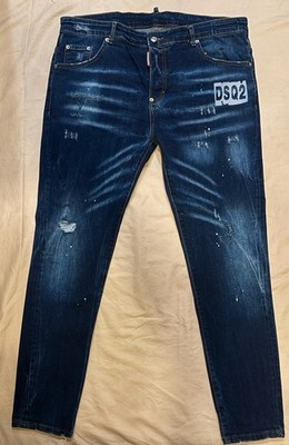 Dsquared2 Regular Fit Mid Rise Skinny Dark Wash Denim Jeans Blue Distressed