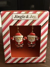 JINGLE & JOY ADORABLE Gold Christmas Santa Earrings W/Movable Legs & Head NIB 3”