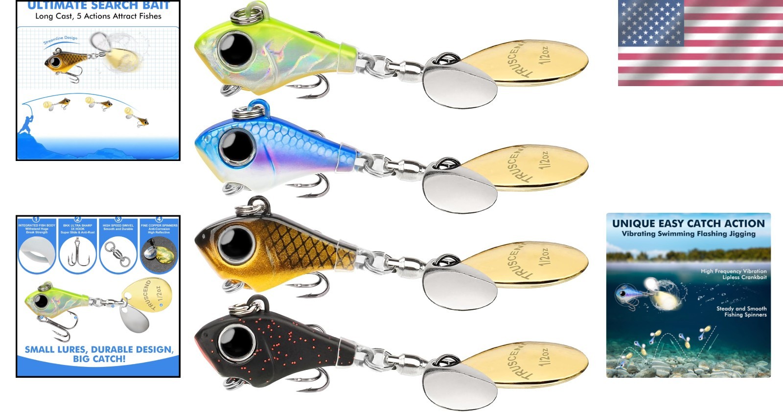 Ice Fishing Lures - 4-Piece Durable Metal Spinners with BKK Treble Hooks - Image 2