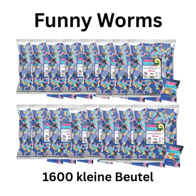 1600x Funny Worms Fruchtgummi Mini Beutel einzeln verpackt Süßigkeiten