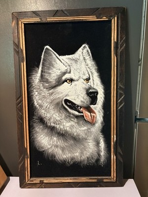 Vintage Wolf Painting Black Velvet Dog Husky Samoyed Wood Framed Mexico