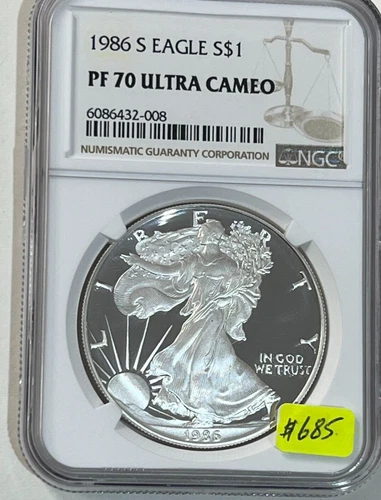 1986 S AMERICAN SILVER EAGLE NGC PF 70 ULTRA CAMEO BROWN LABEL