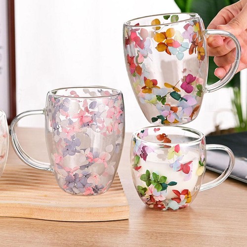Dry Flowers Double Wall Glass Cup With Handle Heat Resistant Coffee Tea Mug N2X1 - Picture 4 of 16