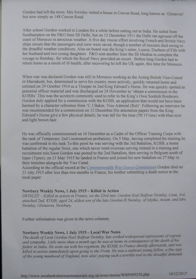 Genuine Memorial Plaque Lieutenant Gordon Noel Balfour Swinley K.O.S.B