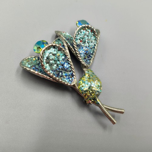 Vintage Blue Rhinestone Glitter Floral Brooch Clip Earrings Set - Picture 2 of 9