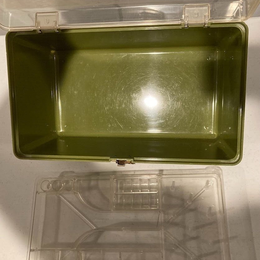 WIL-HOLD Plastic SEWING BOX 1970s Green with Tray Med Size Vintage Wilson Mfg.