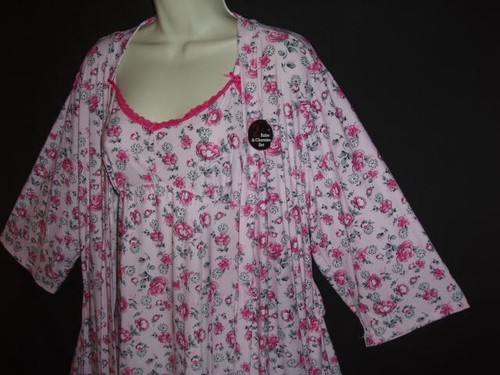 **NWT** QUALITY 2 PC SWEET PINK FLORAL SPANDEX FEM LACE BOW COMFY PEIGNOIR SET L - Picture 8 of 12