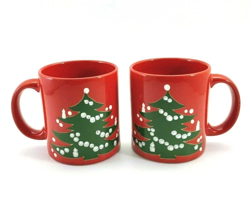 Rare VTG WAECHTERSBACH West Germany Red Coffee Mugs Christmas Trees Set of 2