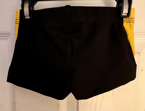 GK CHEER CHILD SMALL MICRO MINI BLACK NYLON YELLOW MESH GYM WORKOUT SHORTS SZ S - Picture 6 of 9