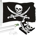 Combo Silver Flagpole 5Ft & Pirate Jolly Roger Swords Flag 2.5x4Ft Emb 300D Poly