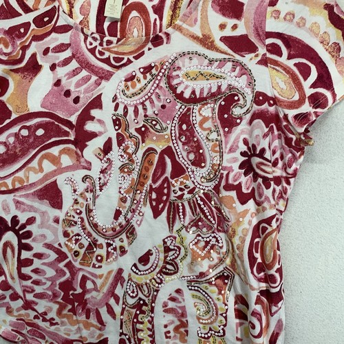 Chico’s Red Yellow Hidden Elephant Paisleys Embellished Size 1 T Shirt Top EUC - Picture 12 of 17