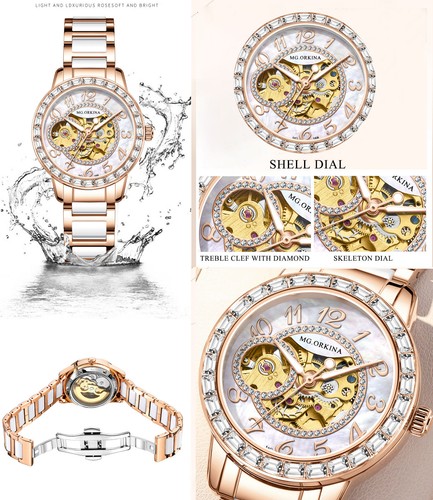 New Wristwatch Mechanical Women' s Skeleton Crystal Auto Ceramic Watches - Picture 3 of 7