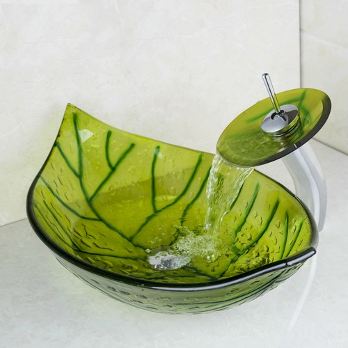 Oval Green Bathroom Round Vessel Sink Basin Tempered Glass Bowl +Chrome Drain