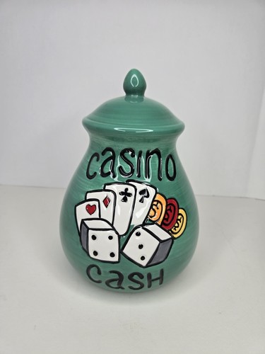 Vintage Casino Bargeld Keramik Bank handbemalt Wunschtopf mit Stopper. Würfelkarten