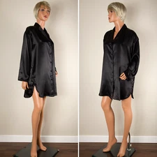 💖 FANTASIES by MORGAN TAYLOR Black Satin Sleepshirt Nightgown Long Sleeve M